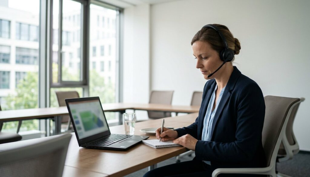 Beschäftigte nimmt mit Headset und Notizbuch am Laptop an einer digitalen Schulung teil