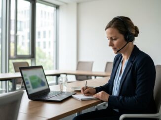 Beschäftigte nimmt mit Headset und Notizbuch am Laptop an einer digitalen Schulung teil