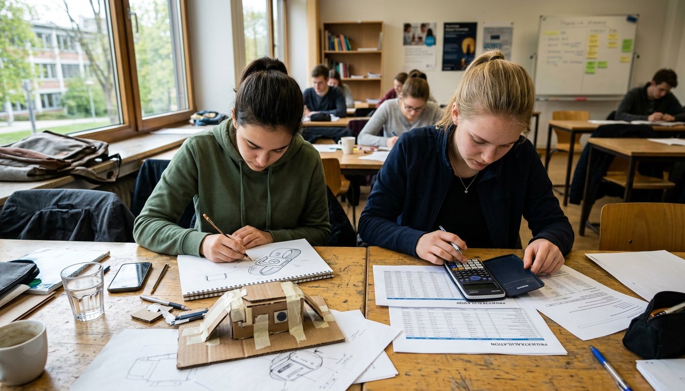 Zwei Studierende planen an einem Tisch Prototyp und Finanzierung einer Geschäftsidee