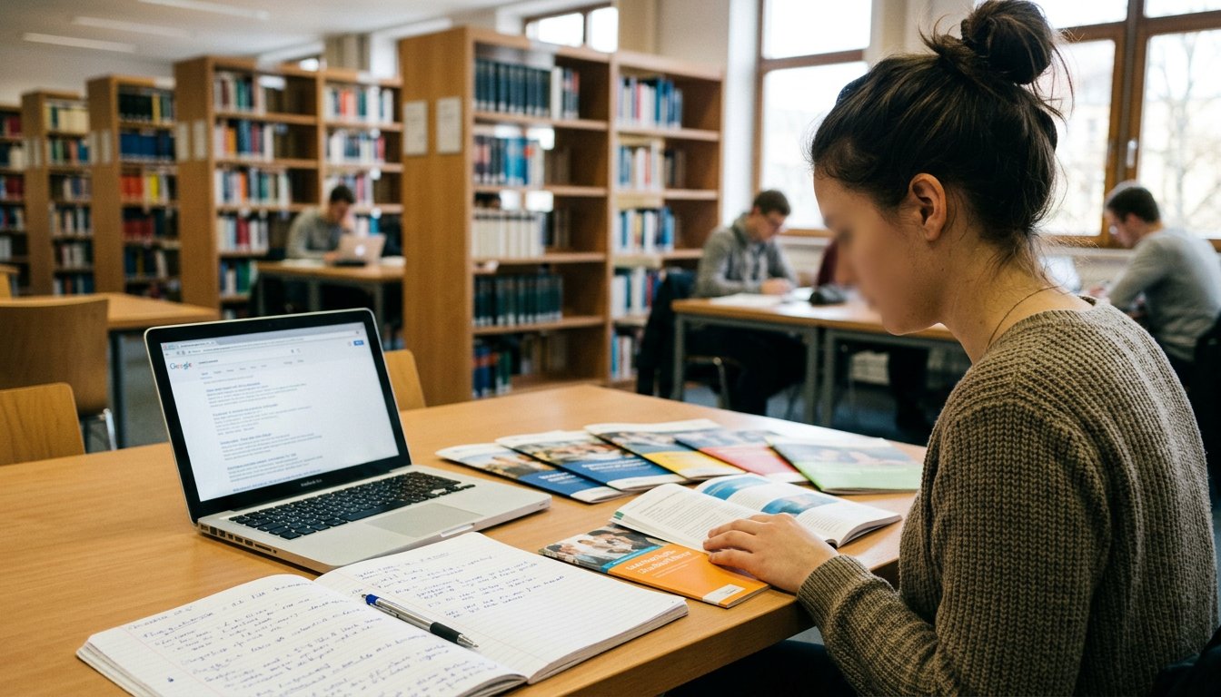 Studieninteressierte Person vergleicht in einer Bibliothek Studienangebote am Laptop