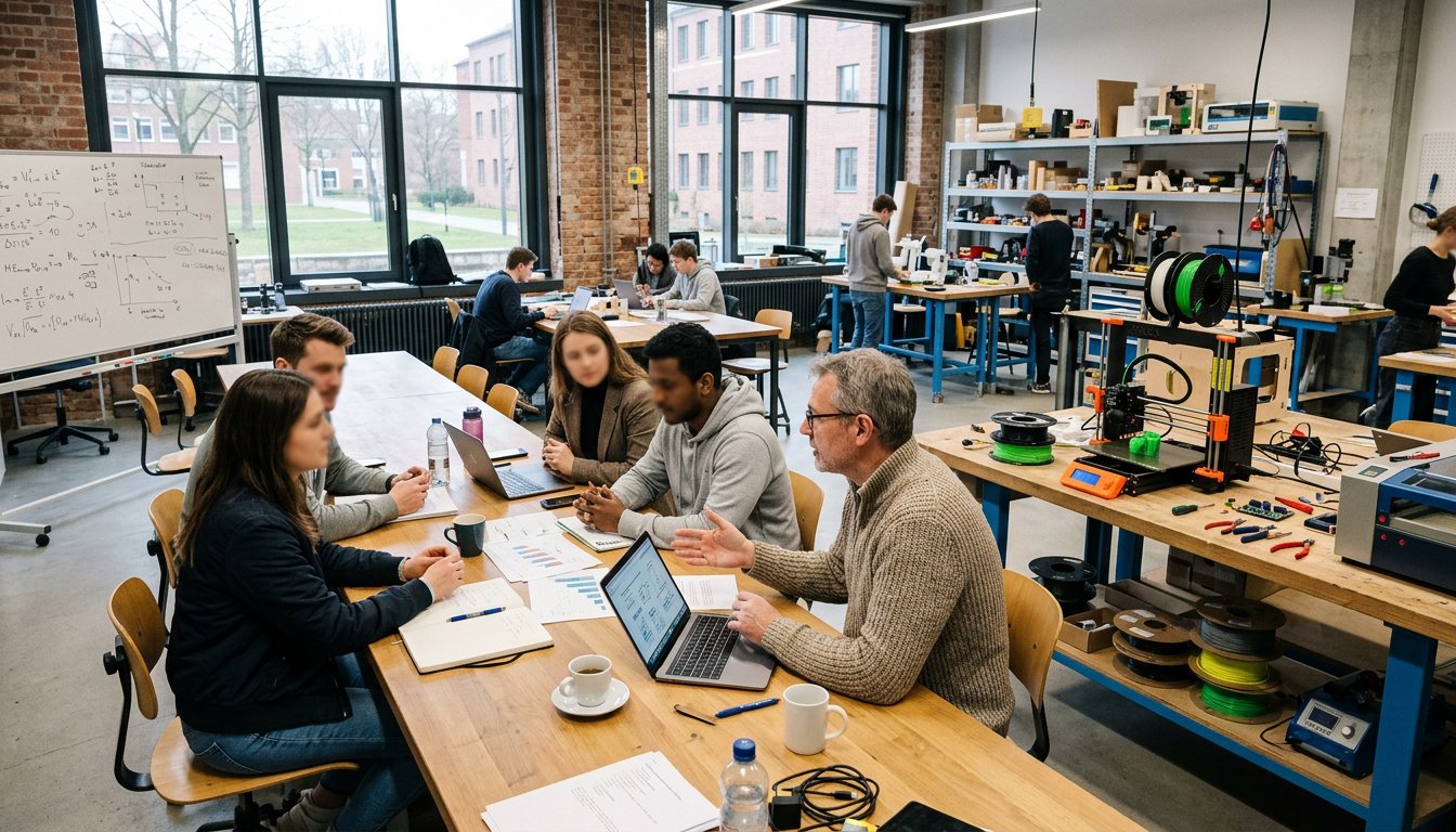 Gründungsteam bespricht sich mit einer Beraterin im Gründungszentrum einer Hochschule