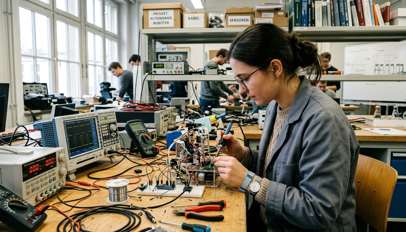 Nachwuchswissenschaftlerin baut im Hochschullabor einen technischen Prototyp auf