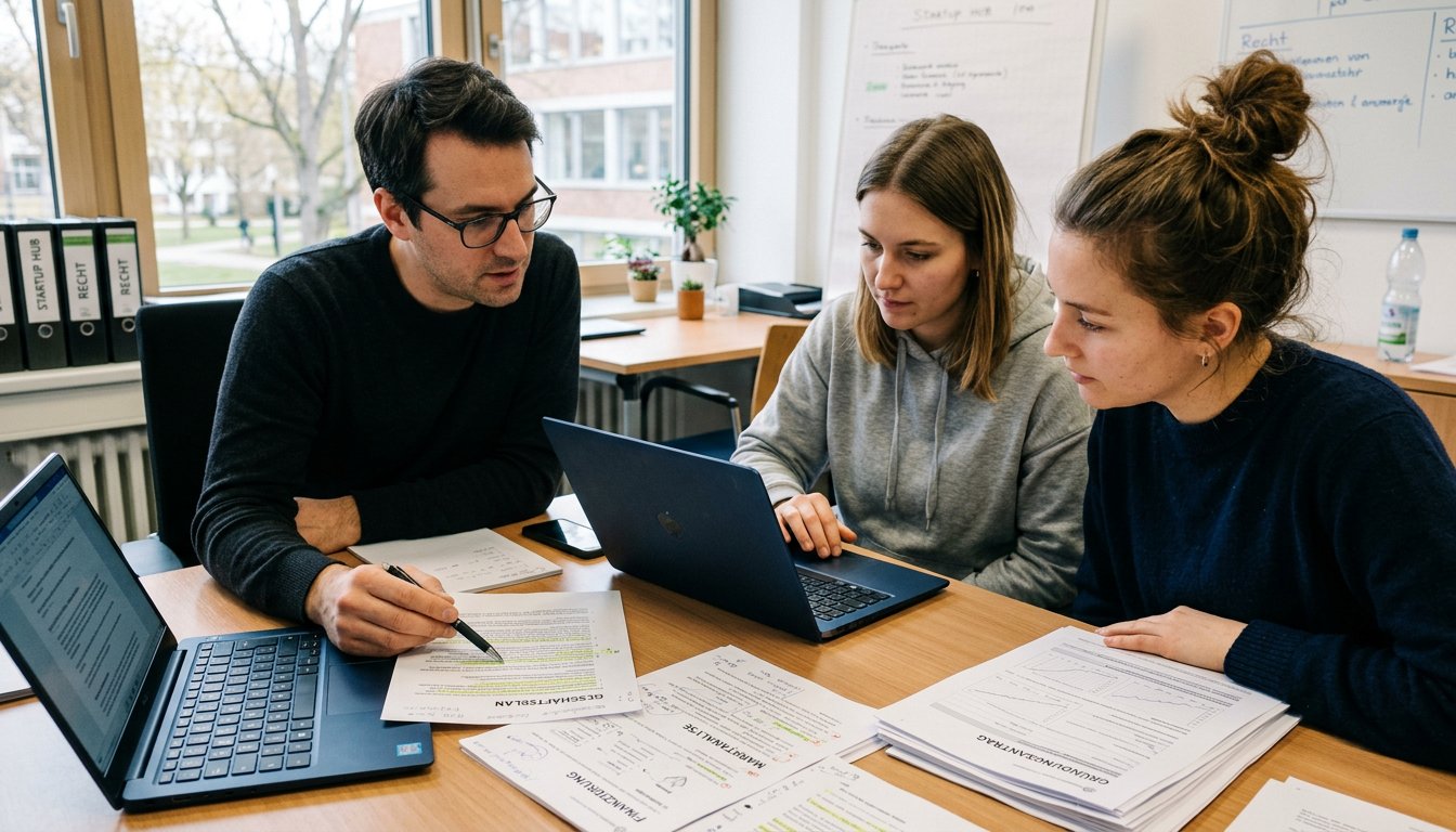 Beratungsgespräch im Gründungsservice einer Hochschule über Antragsunterlagen