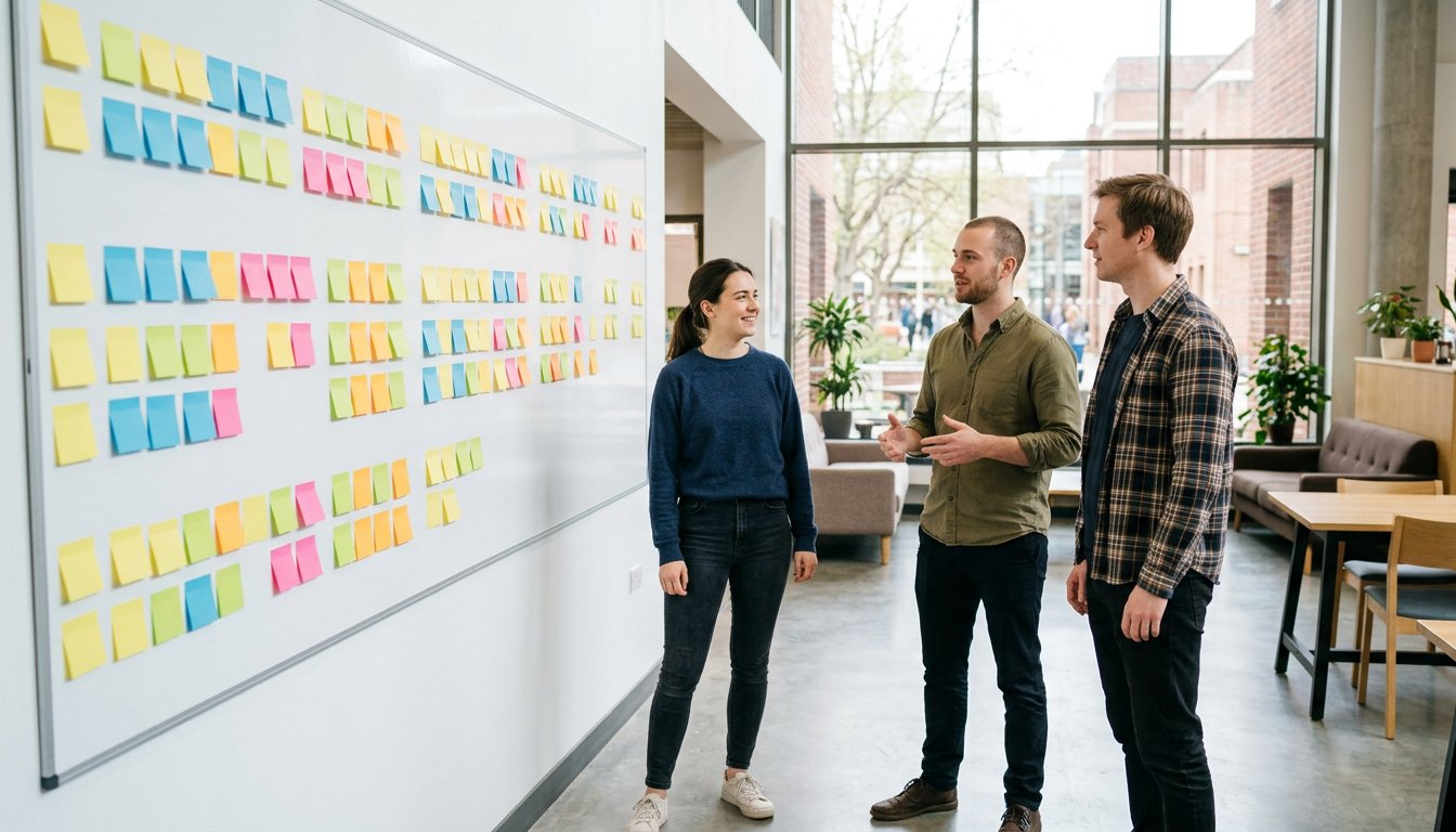 Gründungsteam plant den Arbeitsplan für die zwölfmonatige Förderphase an einem Whiteboard