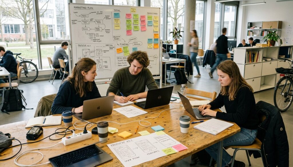 Gründungsteam arbeitet in einem hellen Gründungsraum einer Hochschule an einer Produktidee