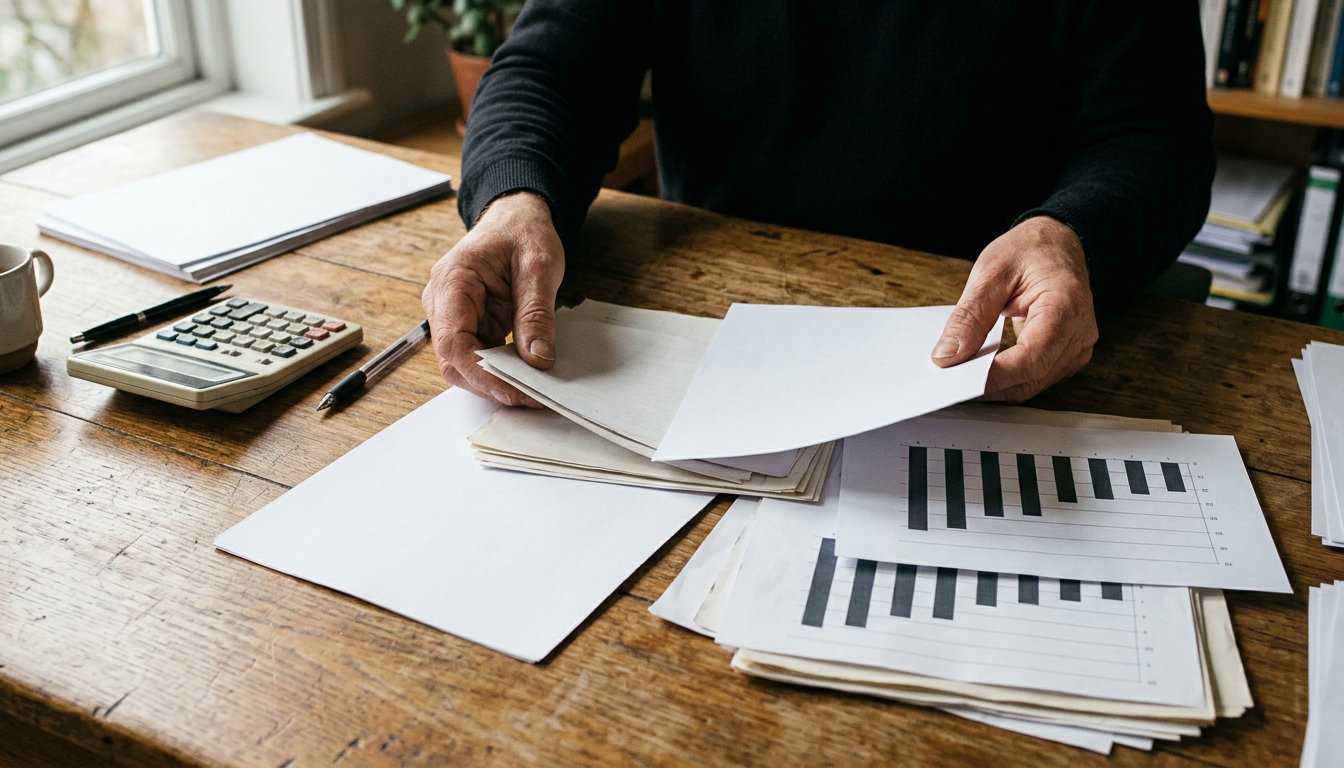 Hände ordnen Finanzplan, Lebenslauf und Zeugnisse auf einem Schreibtisch