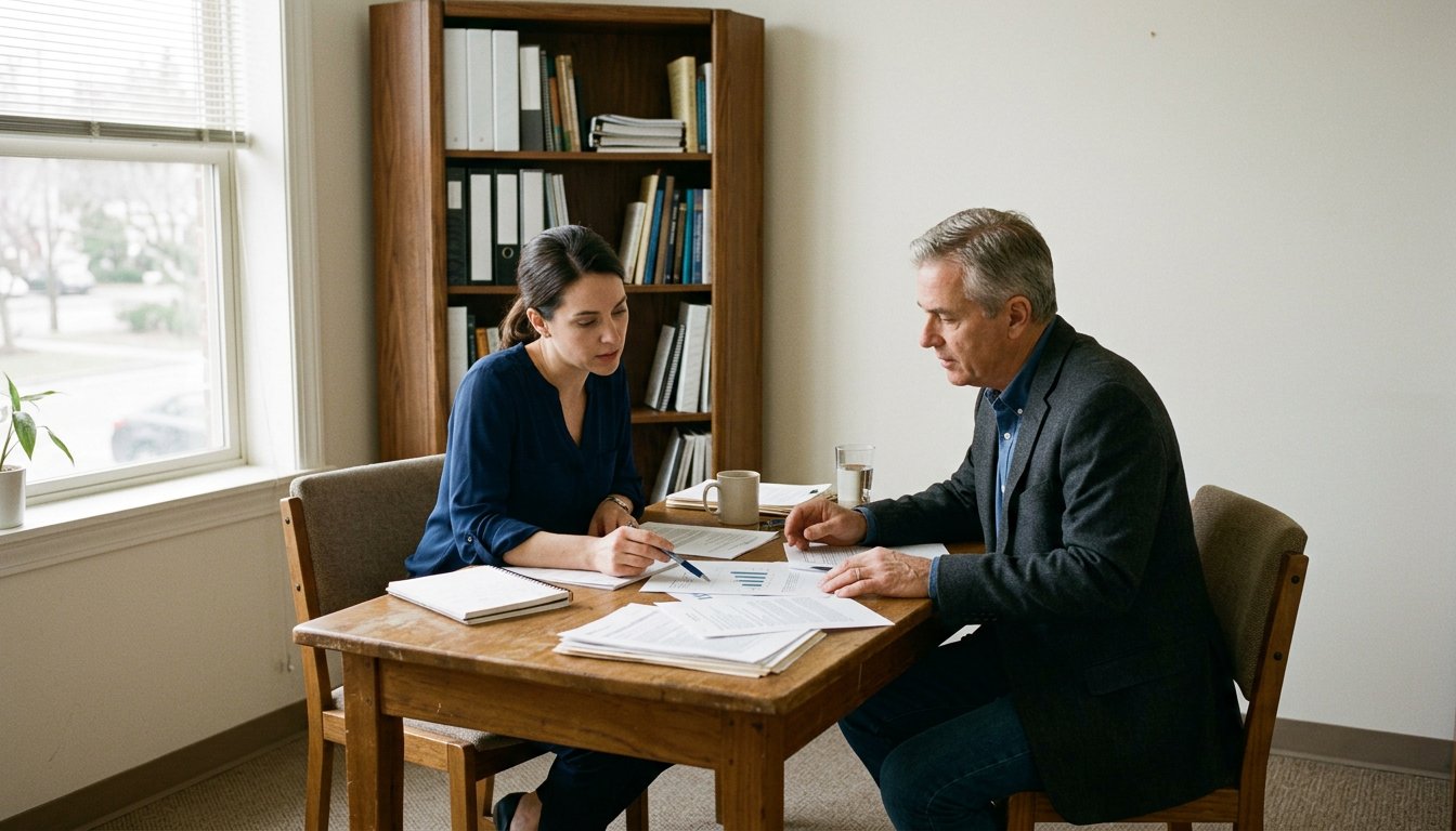 Beratungsgespräch zwischen Gründerin und Berater an einem Besprechungstisch