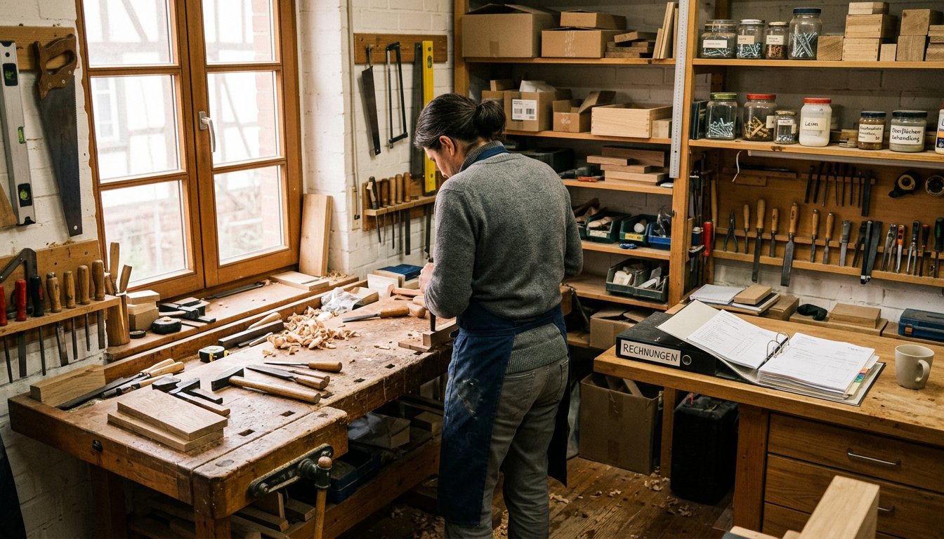 Selbständige Person arbeitet in einer kleinen Werkstatt, daneben ein Ordner mit Belegen