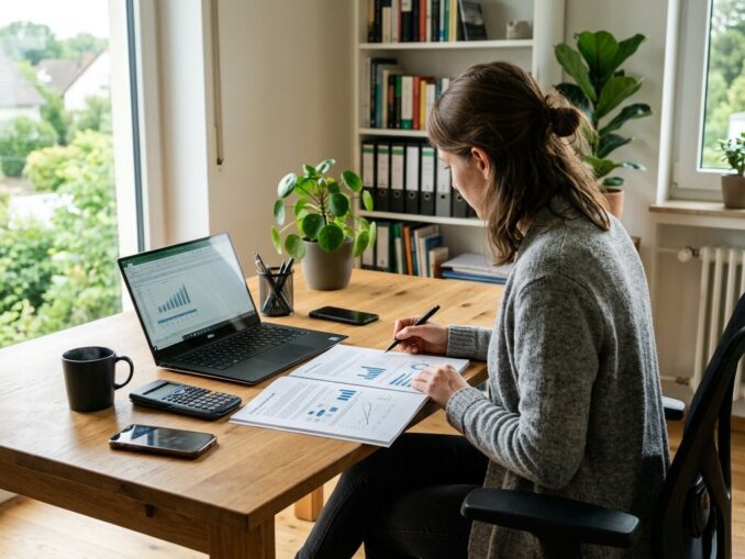 Person prüft am Schreibtisch einen Businessplan für die Existenzgründung