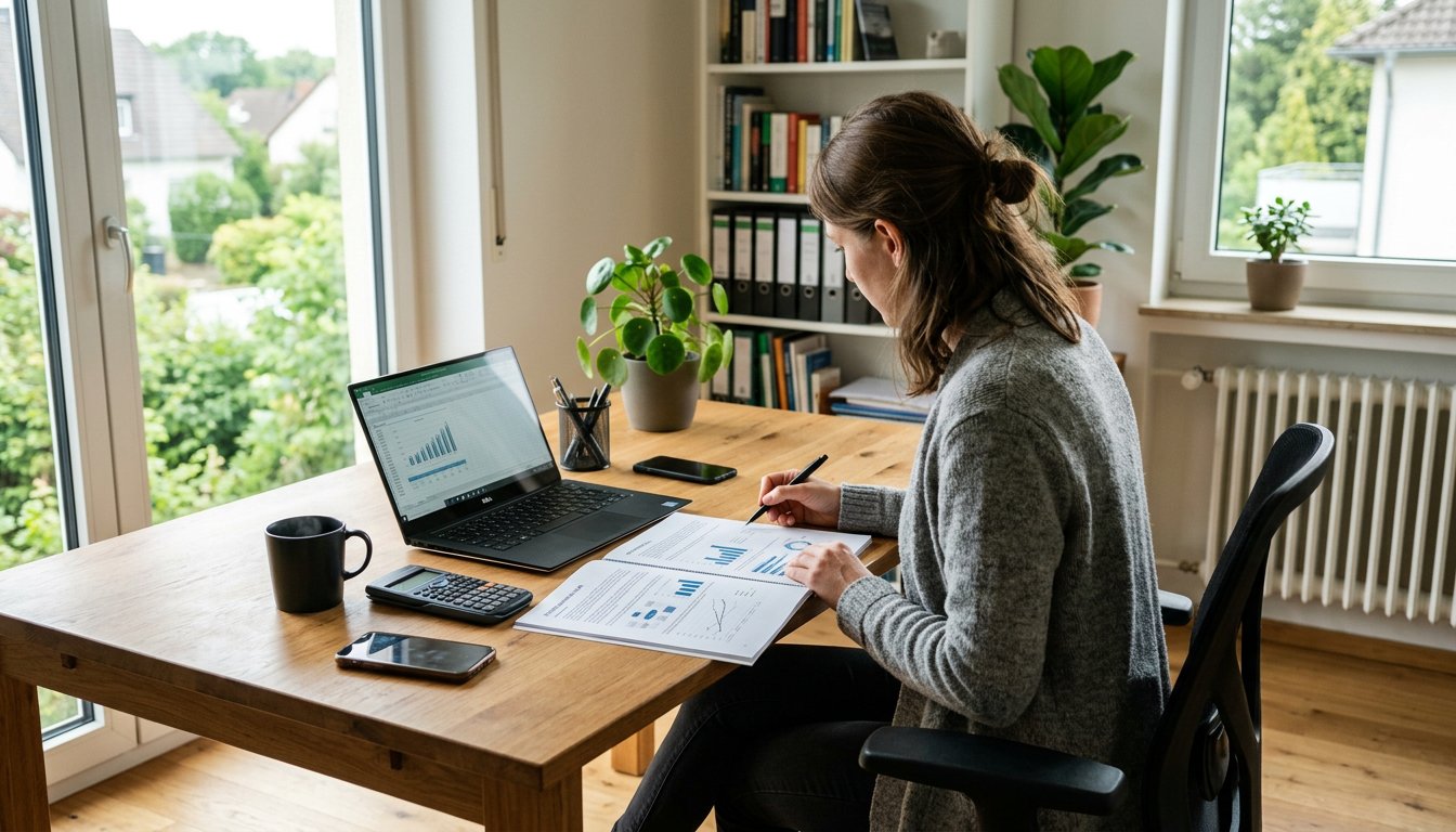 Person prüft am Schreibtisch einen Businessplan für die Existenzgründung