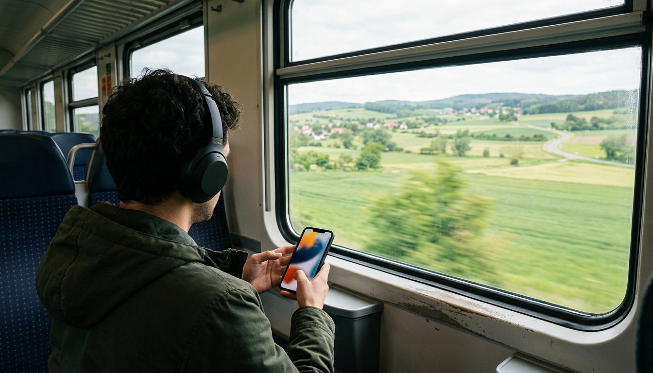 Pendler lernt in der Regionalbahn mit Smartphone und Kopfhörern