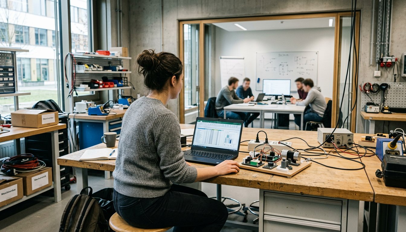 Gründerin mit technischem Prototyp in einem Hochschullabor