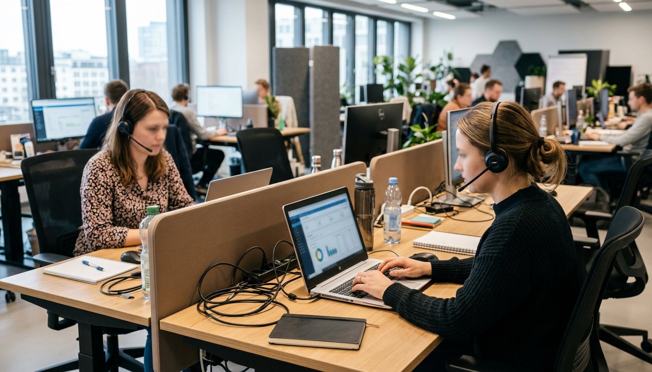 Zwei Mitarbeitende mit Headsets pflegen Kontakte in einem CRM-System