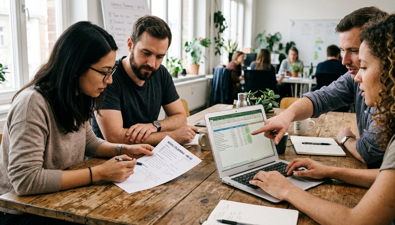 Startup-Team geht in einer Planungsrunde die nächsten Schritte im Vertrieb durch