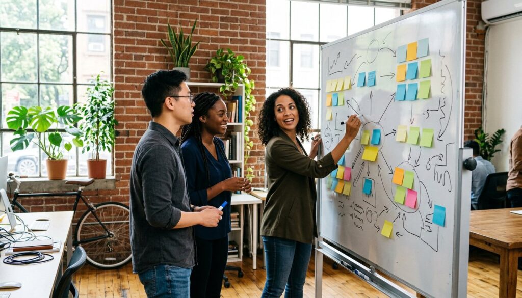 Gründerteam plant an einem Whiteboard die Phasen seiner Vertriebspipeline
