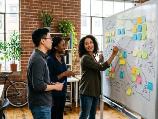 Gründerteam plant an einem Whiteboard die Phasen seiner Vertriebspipeline