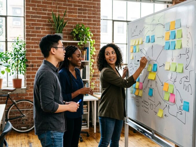 Gründerteam plant an einem Whiteboard die Phasen seiner Vertriebspipeline