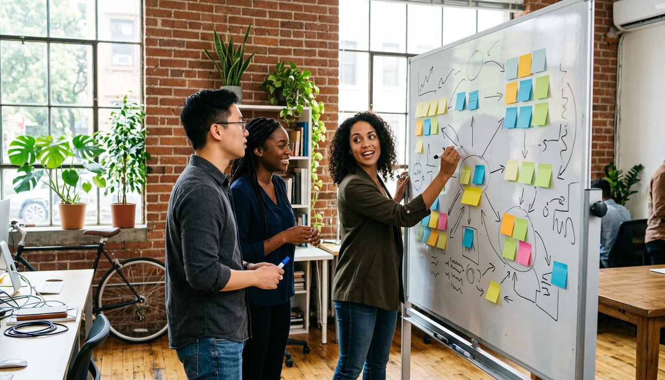 Gründerteam plant an einem Whiteboard die Phasen seiner Vertriebspipeline